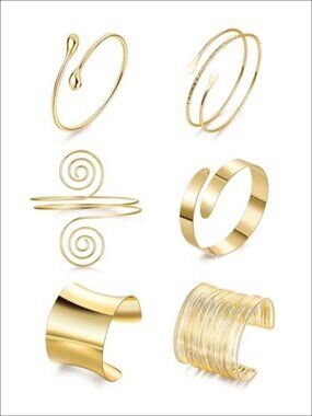 6Pc Gold Alloy Arm Cuff Bracelet Set Adjustable Open Bangle Minimalist